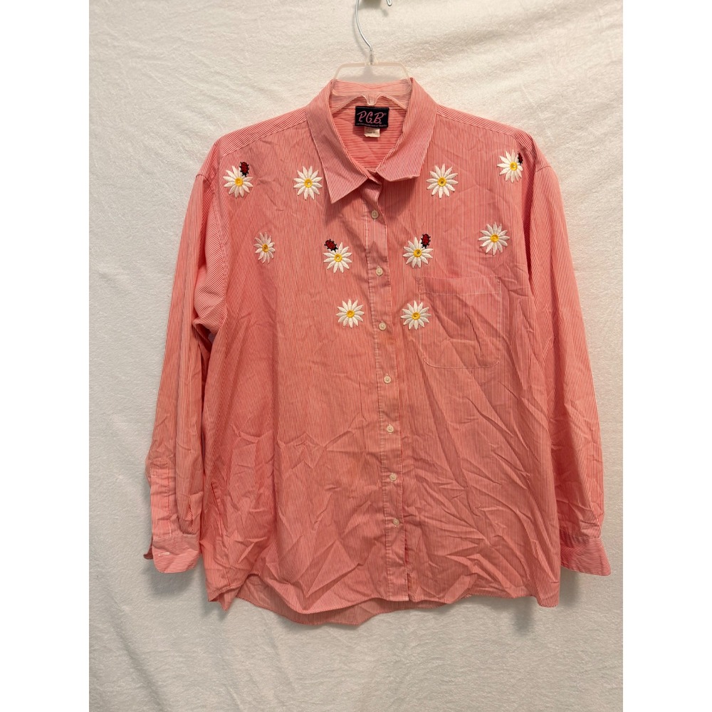 PGB Vintage Red White Pinstripe Embroidered Daisy Ladybug Button Down Shirt 2X